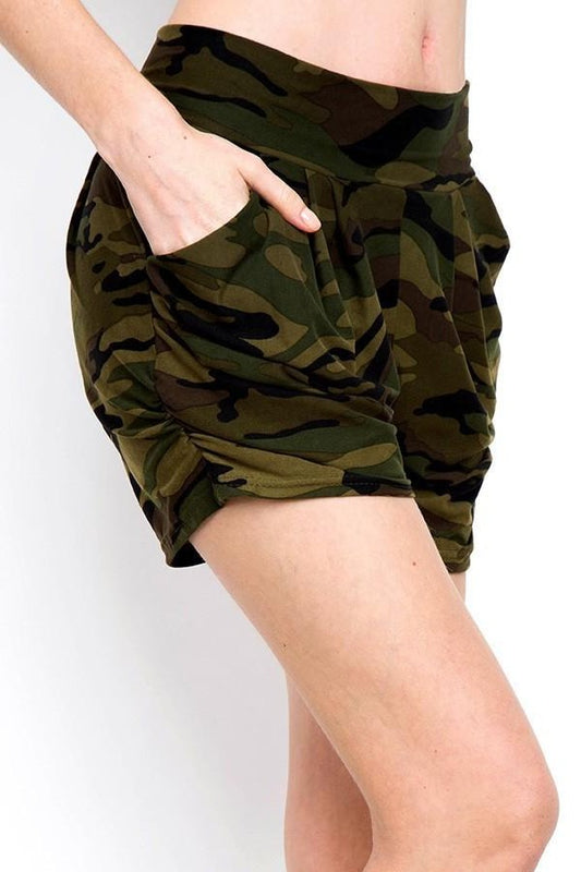 Women's Pocket Harem Shorts: Green Camo Shorts MomMe and More 