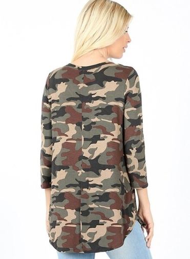 Women's Army Green Camo Top 3/4 Sleeve Shirt: S/M/L/XL Tops MomMe and More 