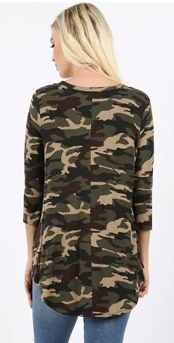 Womens Best Top, 3/4 Sleeve Green Camouflage Printed Shirt Tops MomMe and More 