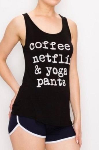 Women's Coffee Netflix & Yoga Pants Graphic Tank Top: Plus Tops MomMe and More 