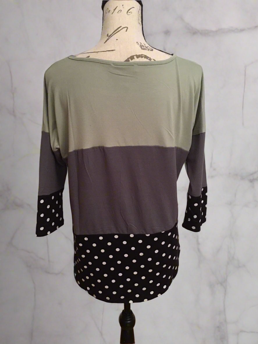 Womens Top, Color Block Stripe, 3/4 Sleeve Shirt: Green/Gray/Black Tops MomMe and More 