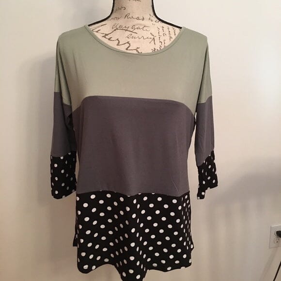 Womens Best Color Block Top, 3/4 Sleeve Stripes/Dots Shirt: Green/Gray/Black Tops MomMe and More 