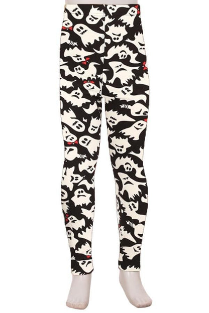 Girl's Halloween Ghost Leggings Black/White: S and L Leggings MomMe and More 