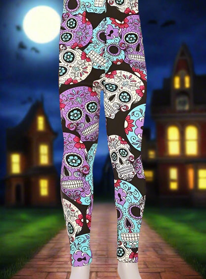 Girls Best Leggings, Kids Purple Skull Printed Leggings Leggings MomMe and More 