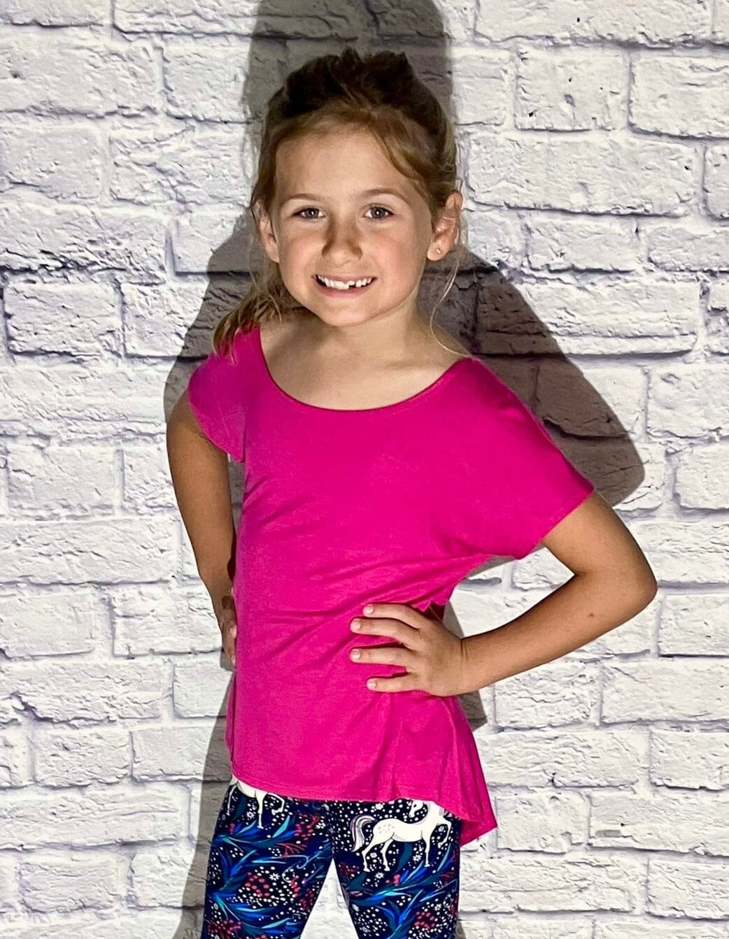 Girls Pink Top, Kids Short Sleeve Bright Pink Shirt Tops MomMe and More 