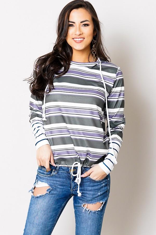 Womens Striped Hooded Sweatshirt Top: Green/Gray Tops MomMe and More 