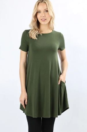 Women's Olive Green Top Short Sleeve Pocket Tunic Dress Tunics MomMe and More 