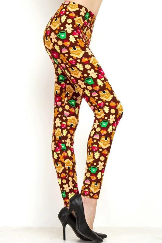 Women's Christmas Gingerbread Leggings Brown: OS and Plus Leggings MomMe and More 