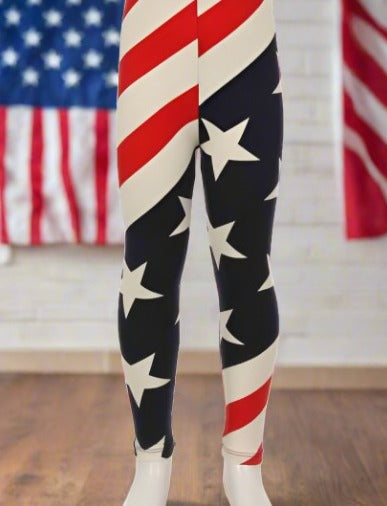 Girl's American Flag 4th Of July Leggings Red/White/Blue: S and L Leggings MomMe and More 