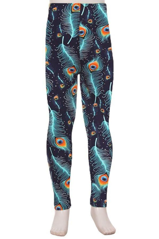 Girl's Peacock Feather Printed Leggings Blue: S and L Leggings MomMe and More 