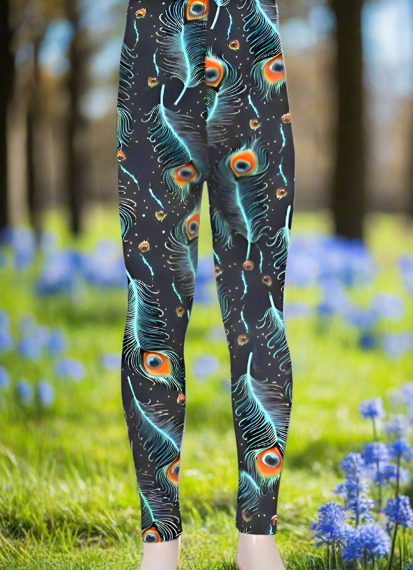 Girl's Peacock Feather Printed Leggings Blue: S and L Leggings MomMe and More 