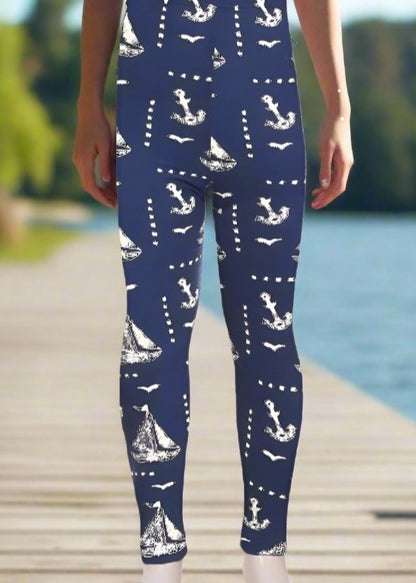 Girls Sailboats Leggings Nautical Anchors Blue/White: S and L Leggings MomMe and More 