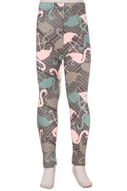 Girl's Pink Flamingo Printed Leggings Gray: S and L Leggings MomMe and More 