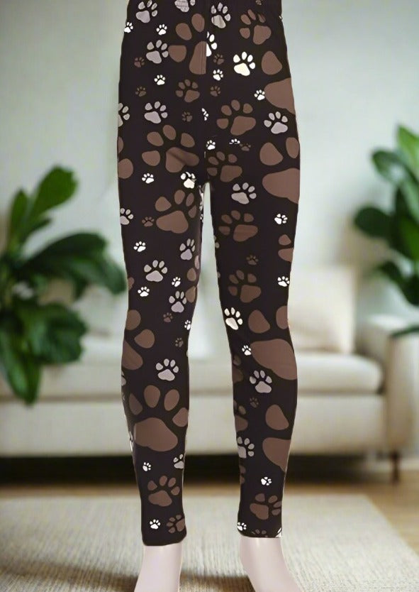 Girl's Dog Paw Print Leggings Black/Brown: S and L Leggings MomMe and More 