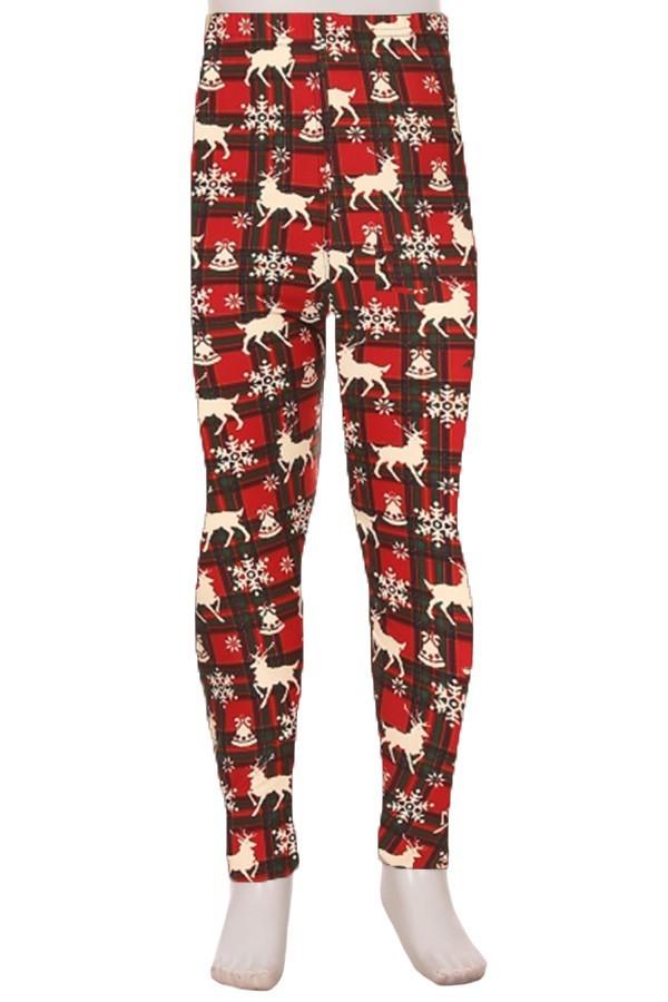 Girl's Reindeer Printed Leggings Red Plaid: S and L Leggings MomMe and More 