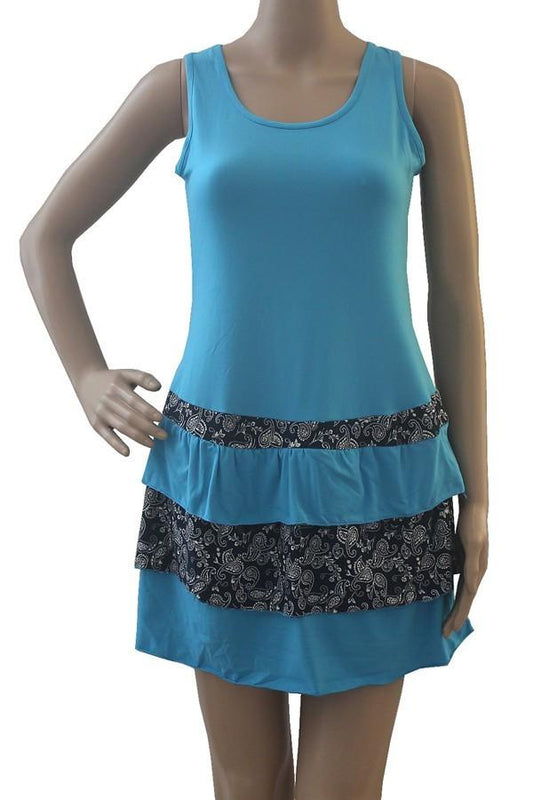 50% Off Women's Sleeveless Ruffled Paisley Dress Teal Blue: S Tunics MomMe and More 