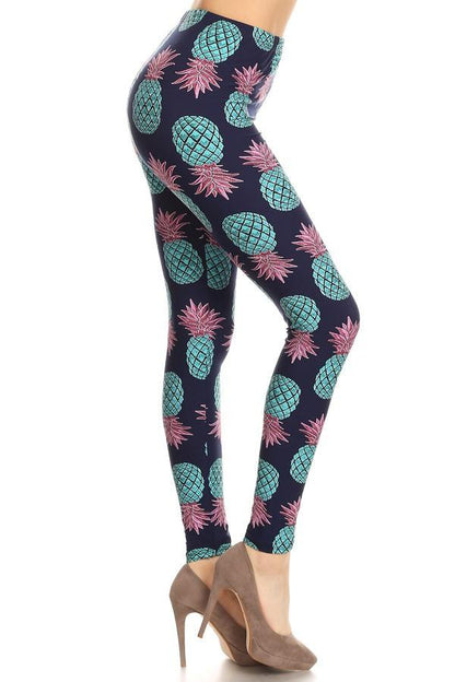 Women's Pineapple Printed Leggings Blue: OS and Plus Leggings MomMe and More 