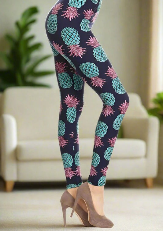 Women's Pineapple Printed Leggings Blue: OS and Plus Leggings MomMe and More 