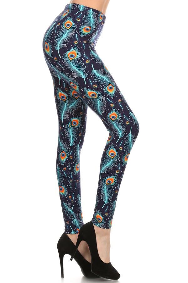 Women's Peacock Printed Leggings Blue: OS and Plus Leggings MomMe and More 