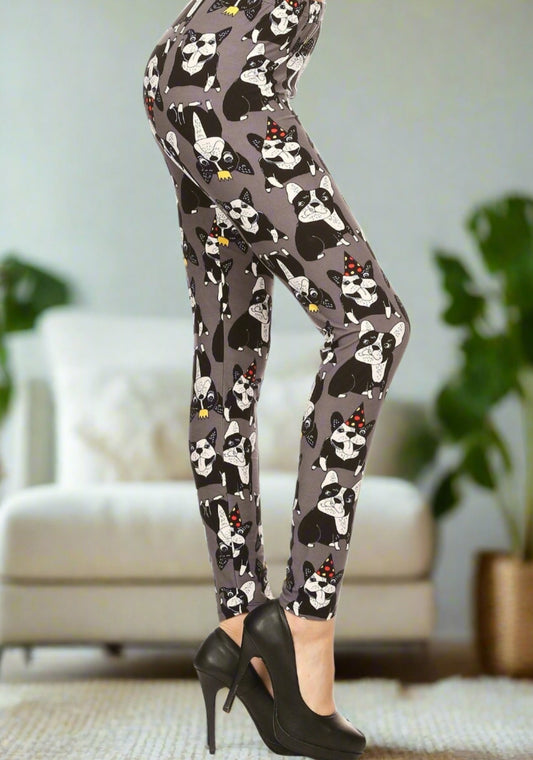 Women's Boston Terrier Dog Leggings Gray: OS and Plus Leggings MomMe and More 