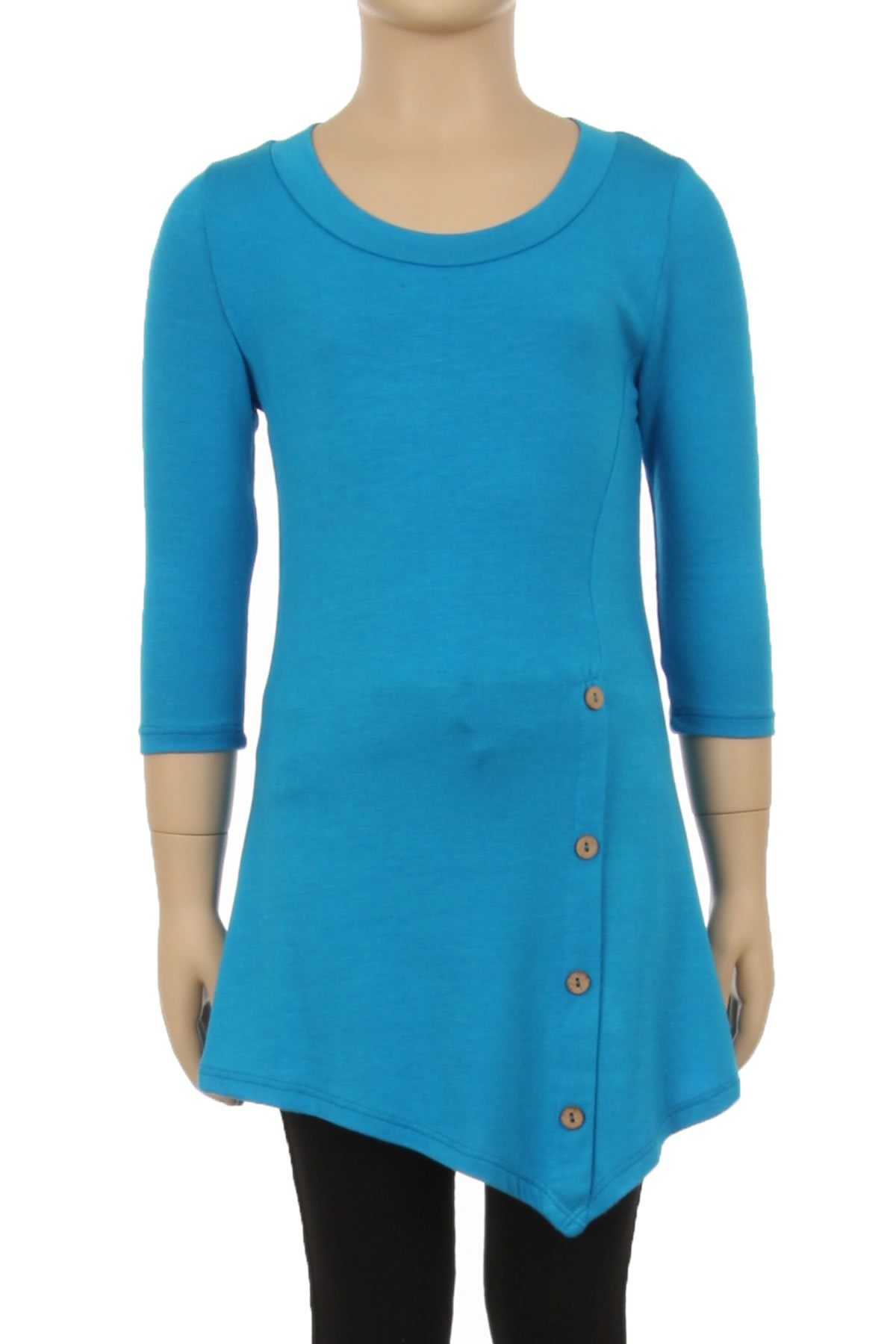 Girls Solid Teal Blue Dress Asymmetric 3/4 Sleeve Tunic Top Tops MomMe and More 