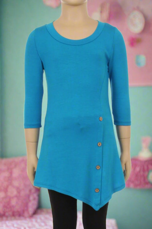 Girls Solid Teal Blue Dress Asymmetric 3/4 Sleeve Tunic Top Tops MomMe and More 