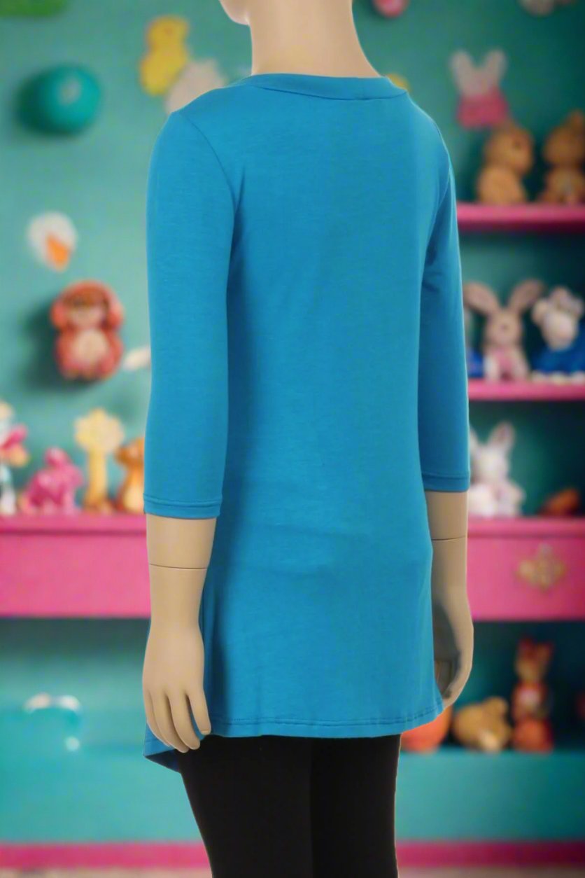 Girls Solid Teal Blue Dress Asymmetric 3/4 Sleeve Tunic Top Tops MomMe and More 