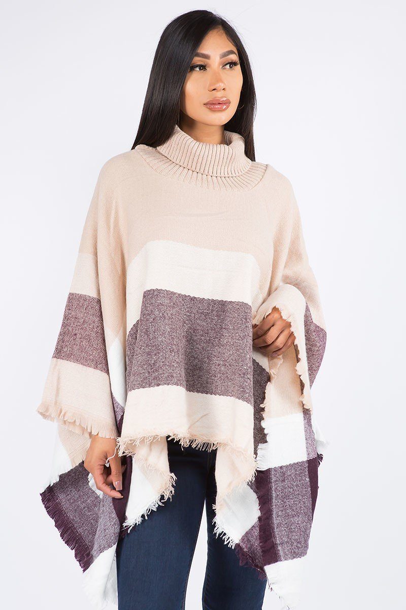 Womens Turtle Neck Fringed Plaid Poncho: Beige/Brown/White poncho MomMe and More 