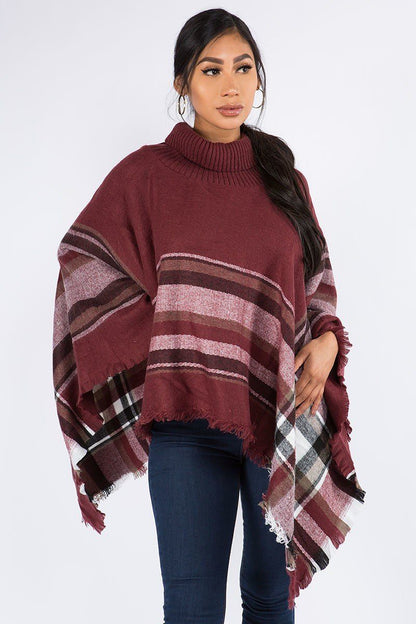 Womens Turtle Neck Fringed Plaid Poncho: Brown/Black/White poncho MomMe and More 