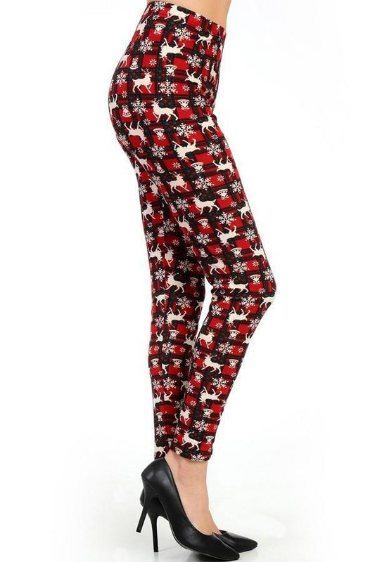 Women's Reindeer Plaid Printed Leggings Red: OS and Plus Leggings MomMe and More 