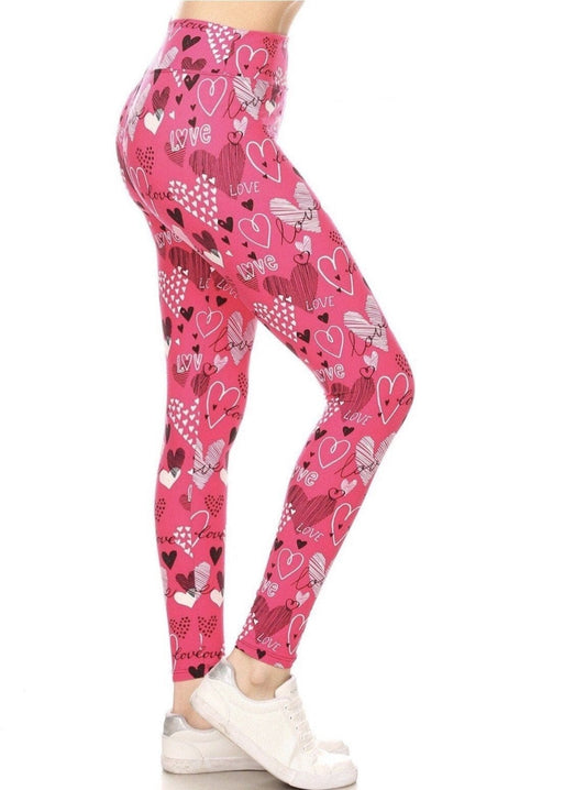 Womens Valentines Day Leggings, Bright Pink Heart Print Leggings: Extra Plus Leggings MomMe and More 