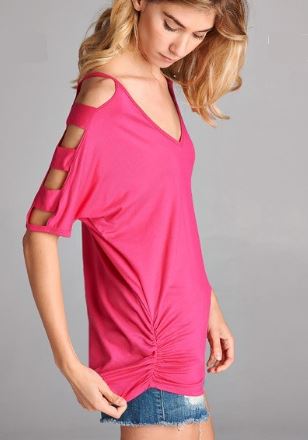 Womens Solid Pink Top, V-Neck, Side Ruche, Strappy Cold Shoulder Shirt Tops MomMe and More 