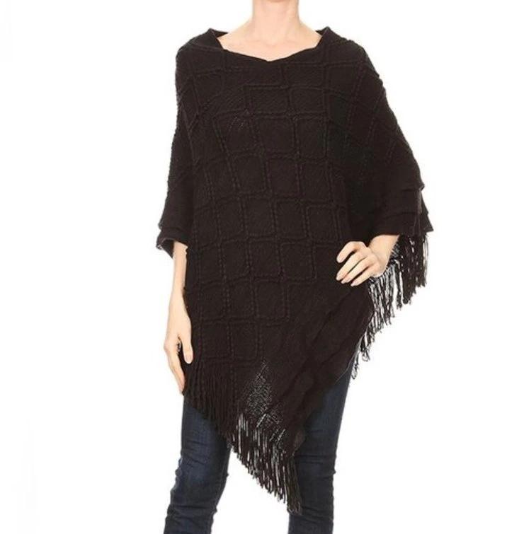 Women's Fringed Poncho: Black poncho MomMe and More 