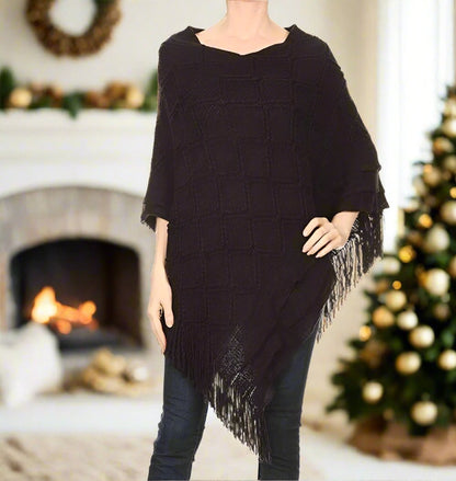 Women's Fringed Poncho: Black poncho MomMe and More 