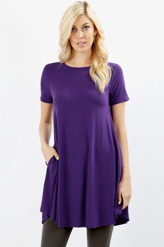 Womens Scoop Neck Short Sleeve Pocket Dress: Purple dress MomMe and More 