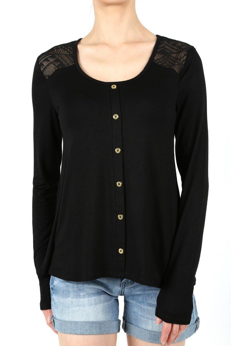 Womens Black Long Sleeve Top Lace Detail Faux Buttons MomMeAndMore
