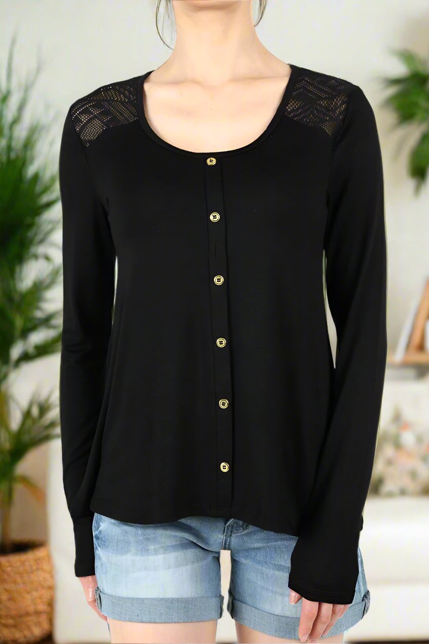 Womens Black Long Sleeve Top Lace Detail Faux Buttons MomMeAndMore