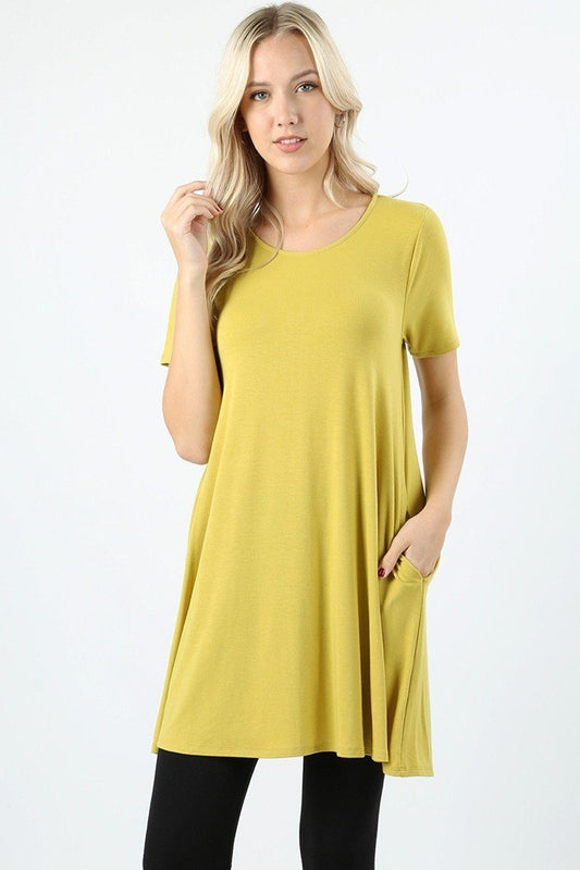 Women's Yellow Swing Dress Short Sleeve Tunic Top Tunics MomMe and More 