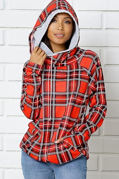 Womens Side Zip Double Hooded Sweatshirt: Red Plaid Tops MomMe and More 