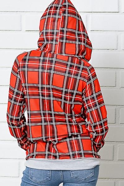 Womens Side Zip Double Hooded Sweatshirt: Red Plaid Tops MomMe and More 
