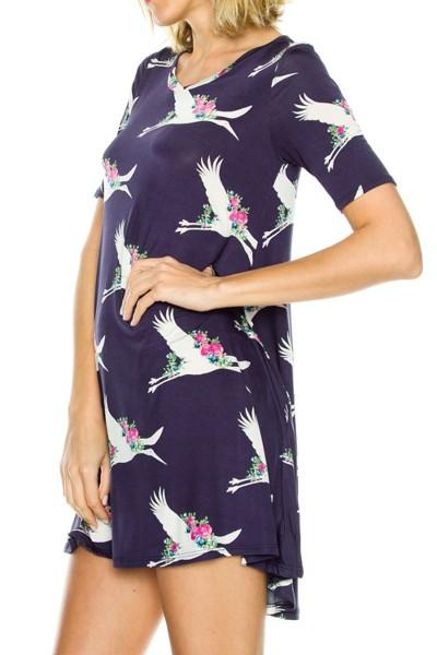 50% Off Women's Stork Printed Dress Long Blue Tunic Top: M/L Tunics MomMe and More 
