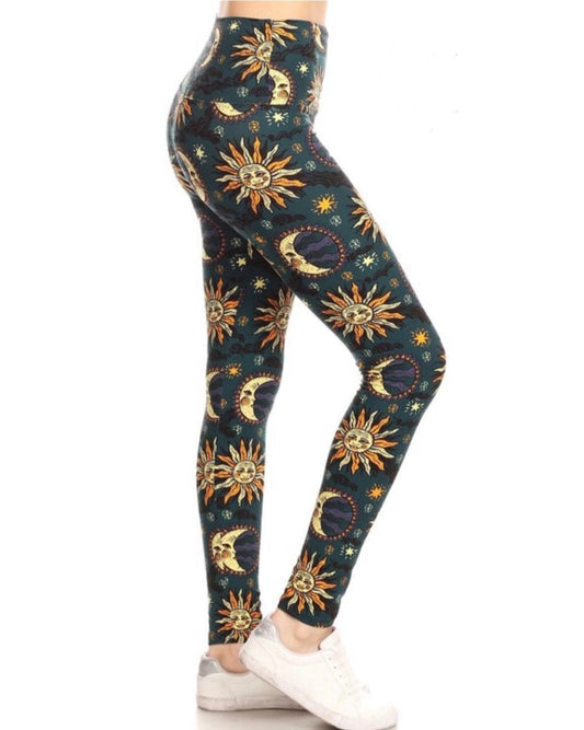 Womens Best Leggings, Sun Moon Star Printed Leggings: Yoga Waist Leggings MomMe and More 