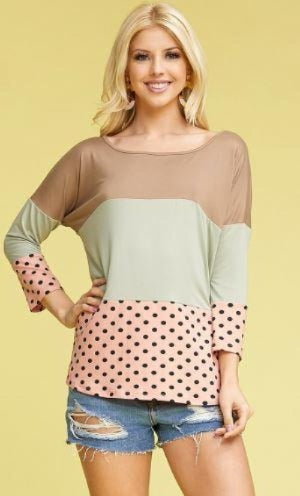 Women's Tri-Color Block Top Mocha/Green/Pink: S/M/L/XL Tops MomMe and More 