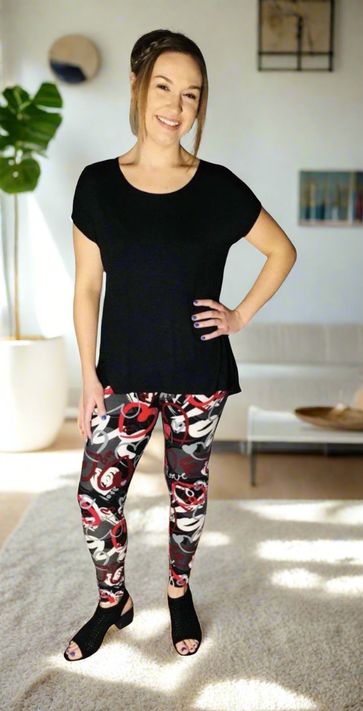 Womens Valentines Day Leggings, Red Graphic Heart Print Leggings: Yoga Waist Leggings MomMe and More 