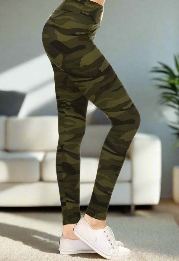 Womens Best Leggings, Green Camouflage Print Leggings: Yoga Waist Leggings MomMe and More 