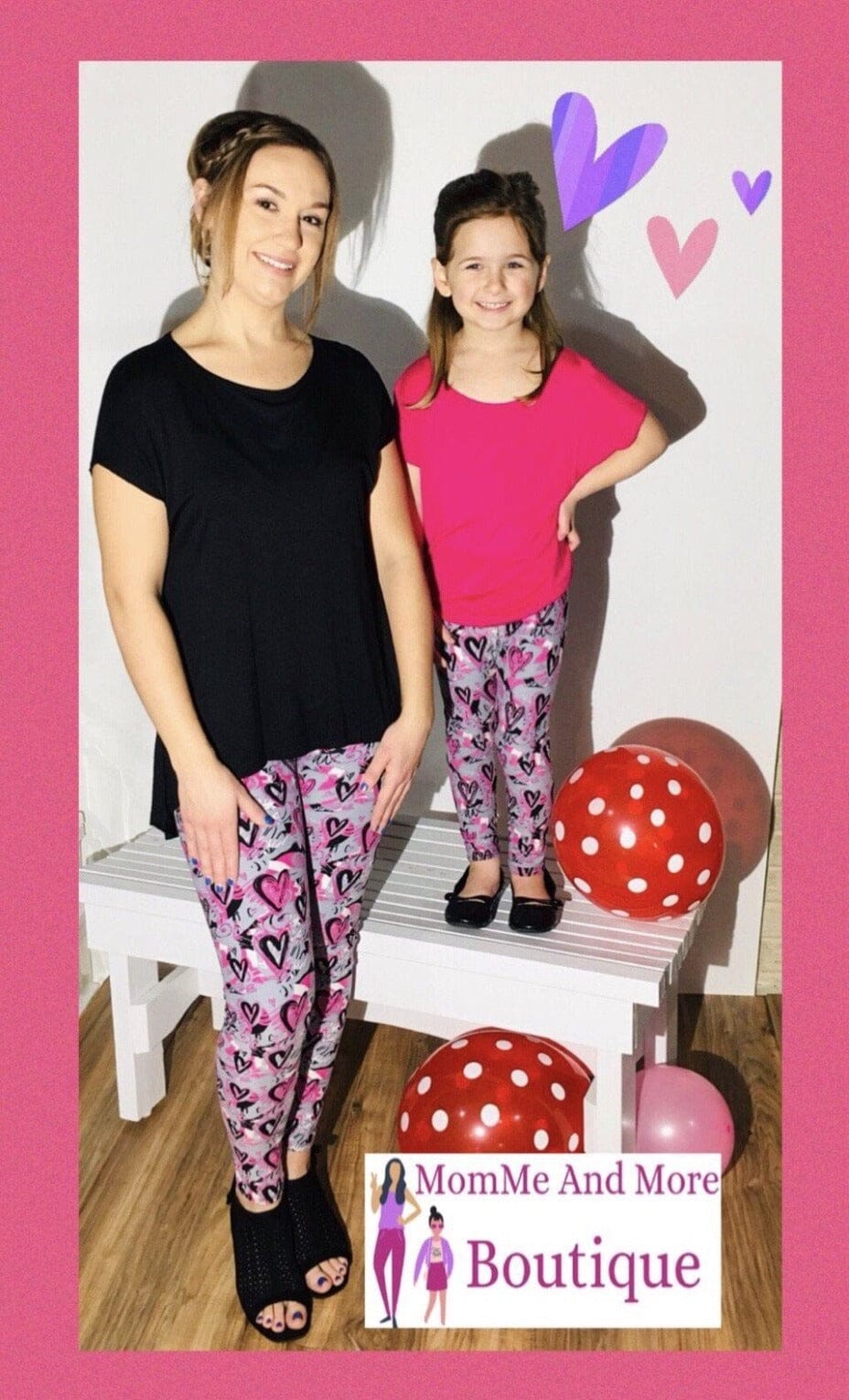 Girls Leggings | Pink Heart Valentines Day Leggings | Kids Yoga Pants |  Footless Tights | No-Roll Waistband