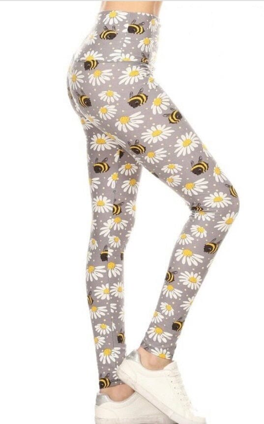 Womens Best Leggings, Spring Daisy Bee Print Leggings: Yoga Waist Leggings MomMe and More 