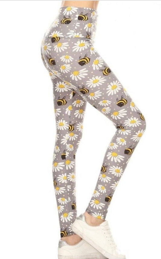 Womens Best Leggings, Spring Daisy Bee Print Leggings: Yoga Waist Leggings MomMe and More 