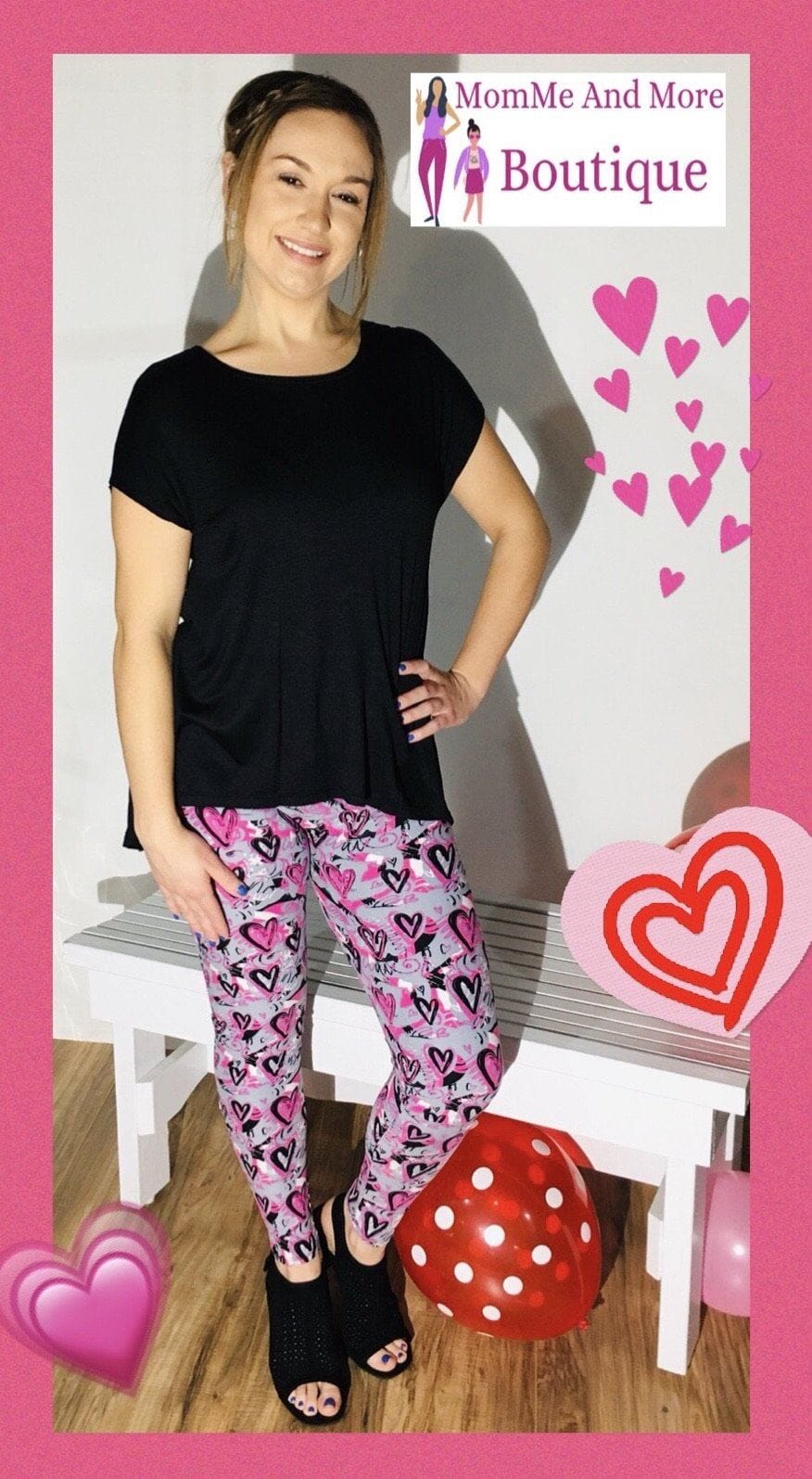 Womens Valentines Day Leggings, Pink Graphic Heart Printed Leggings Leggings MomMe and More 