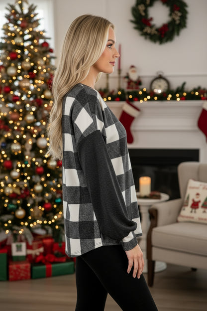 Womens Black White Plaid Christmas Sweater, Long Sleeve Holiday Printed Top Tops MomMe and More 